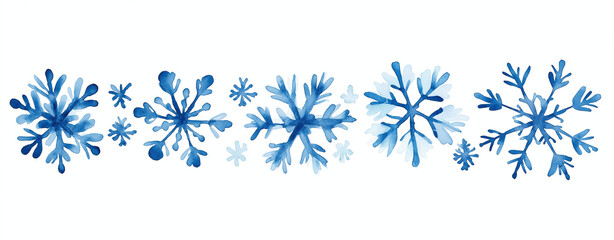 Watercolor blue snowflakes pattern on white background