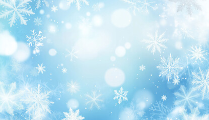 Light blue winter background with floating snowflakes and soft bokeh