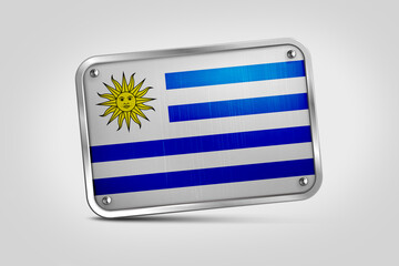 Silver plate With Uruguay Flag Embossed. Flag Fixed in Silver Plate Isolated on White Background. Silver Plate Mockup. Symbol, Minimal, Vector, 3D, Icon, Illustration Background.
