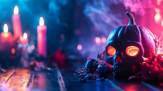 A bright orange pumpkin with a carved creepy face, lit from within by a candle, against the backdrop