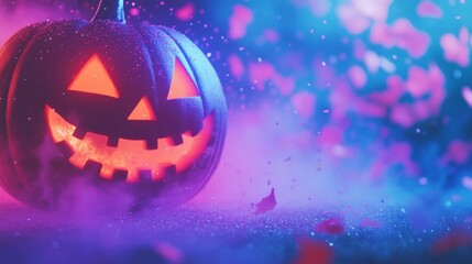 Naklejka premium A bright orange pumpkin with a carved creepy face, lit from within by a candle, against the backdrop