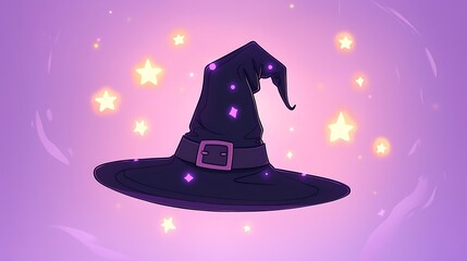 Cartoon witch hat with sparkle magic stars. Halloween witch hat vector icon illustration