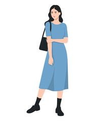 Vector illustration of a girl in a blue dress, black shoes and with a black backpack. Stylish and feminine look.