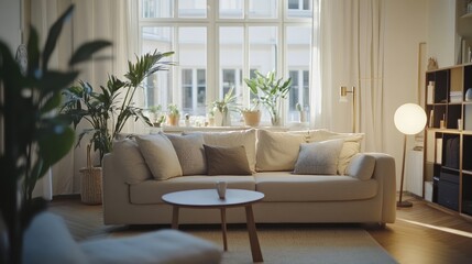 Obraz premium Scandinavian interior design of modern spacious living room