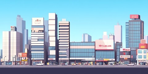 Fototapeta premium Animated city skyline with skyscrapers, buildings, and people walking on the street