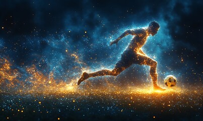  Blue digital soccer player with glowing data, artificial intelligence into athlete performance analysis and training, enhancing player skills, strategy, and overall team performance design 