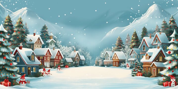 A charming Christmas village covered in snow, with festive decorations and cozy cottages, creating a peaceful winter holiday atmosphere.