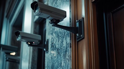 Security cameras guarding building entrance with wooden door