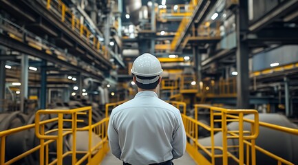 Engineer in Hard Hat Looking Up at Complex Industrial Facility