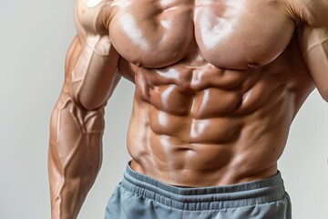 Fototapeta premium Close-up of a muscular male torso showcasing defined abs and strong upper body, emphasizing bodybuilding, strength, and fitness dedication.