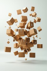 Multiple cardboard boxes floating in mid-air, symbolizing delivery, shipping, and logistics services in a minimalist, modern composition.