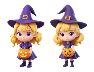 3d rendering blonde girl cartoon characters wearing purple witch costume and holding halloween pumpkin isolated on transparent background, PNG file add