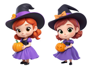 3d rendering girl cartoon characters wearing purple witch costume and holding halloween pumpkin isolated on transparent background, PNG file add