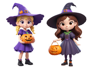 3d rendering girl cartoon characters wearing purple and black witch costume and holding halloween pumpkin isolated on transparent background, PNG file add
