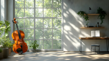 Sunlit violin practice room with natural light pouring in, overlooking nature through large windows, creating a peaceful environment for music rehearsal and artistic creativity