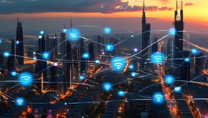 Smart city connected through modern 5G networks and IoT, showcasing innovative communications and digital integration for a futuristic urban lifestyle