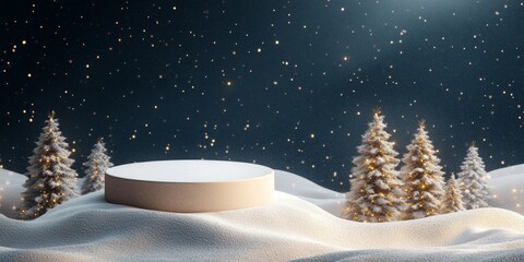 Snowy winter podium in a snow-covered landscape with frosty trees and a clear blue sky in the background.