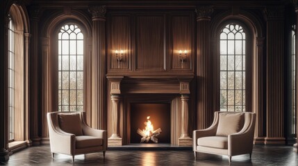 Two accent chairs near fireplace Room with columns and arch ceiling Art deco, minimalist interior design of modern living room, home