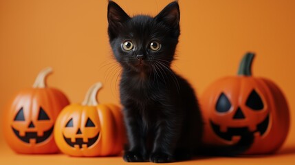 Black kitten with jack-o'-lantern on an orange background