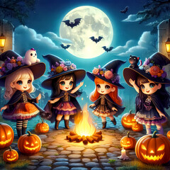 Fototapeta premium kids in costumes dressed for halloween. kids having fun having fun and laughing at a party dedicated to halloween