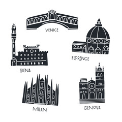 Naklejka premium Set of popular symbols of Italy. Black silhouettes: the bridge in Venice, the basilicas and cathedrals of Florence, Siena, Genoa and Milan.