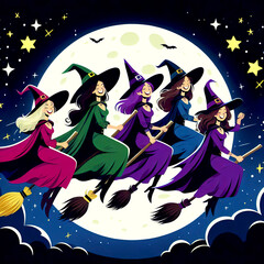 funny witches on brooms in the moonlight, against the background of the full moon in dark clothes. time halloween