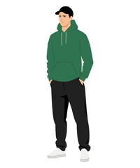 Vector illustration of a man in a dark green sweater and brown pants, emphasizing natural shades and a comfortable style for walking.