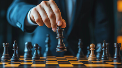 A hand in a suit moving a black chess king on a chessboard, with pieces in play and focused lighting, highlighting a key strategic moment.