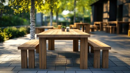 Wooden outdoor dining table with matching benches,