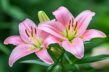 Fototapeta premium Close-up of two vibrant pink lilies in full bloom