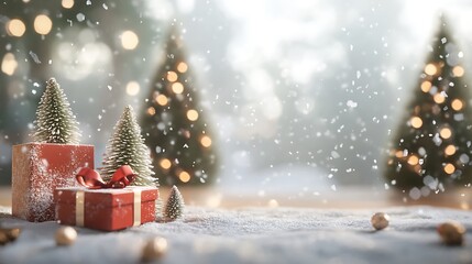 Obraz premium Christmas presents on snowy table with Christmas trees and bokeh lights in the background