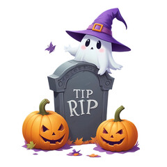Cute white ghost wearing purple witch hat sitting on gravestone with halloween pumpkins isolated on transparent background, PNG file add