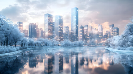 Naklejka premium A Modern Frozen Chinese Cityscape with Frost-Covered Skyscrapers and Icy Waterways Reflecting City Lights Under a Cloudy Winter Evening
