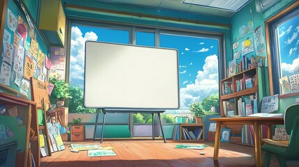 Empty Classroom with Whiteboard and Bookshelf, Anime Style