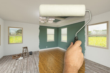 Before and After of Man Using A Paint Roller to Reveal Newly Remodeled Room with Fresh Green Paint,...
