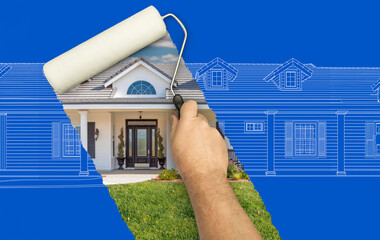 Before and After of Man Painting Roller to Reveal Custom Home Photograph Under Blueprint Sketch...