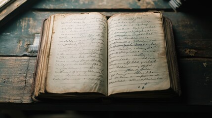 Obraz premium Open antique journal resting on rustic wooden table is showing faded handwriting