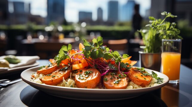 Sorb apple quinoa salad roasted sweet potato fresh herb served bright rooftop cafs terrace colorful smoothy detox drink softly blurred background promoting fresh nutritious meal Scientific name Sorbus