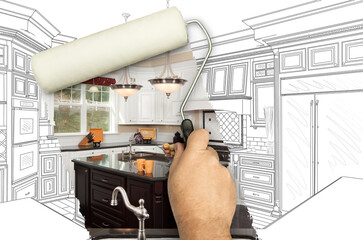 Before and After of Man Painting Roller to Reveal Custom Kitchen Photograph Under Pencil Sketch...