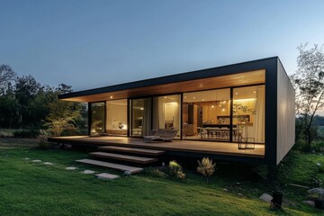 Modern house with garden illuminating at sunset