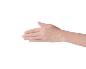 Close-up of a Woman's hand holding something, like a business card, isolated on a white background. The woman's open hand and the empty female hand are isolated against a transparent background.