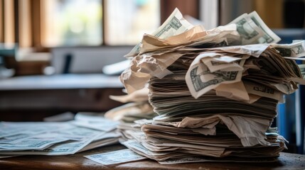 Pile of american one hundred dollar bills sitting on desk