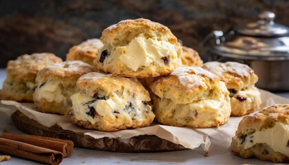 Gourmet scones with depth of field showcasing crumbly texture and rich flavors
