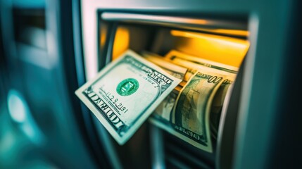 Atm cash machine dispensing us dollar banknotes