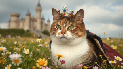 Royal cat wear crown with castle background