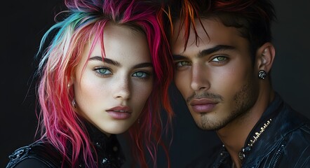 Fototapeta premium Couple with txtravagant hairstyles with colored dyed hair.