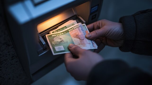 Man withdrawing hungarian forint banknotes from atm