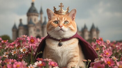 Royal cat wear crown with castle background
