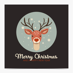 Merry Christmas cute greeting card with red-nosed reindeer on blue and black background, vector illustration
