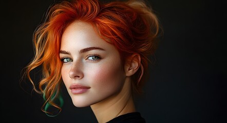 Fototapeta premium Beautiful young woman with colorful dyed hair on a black background.